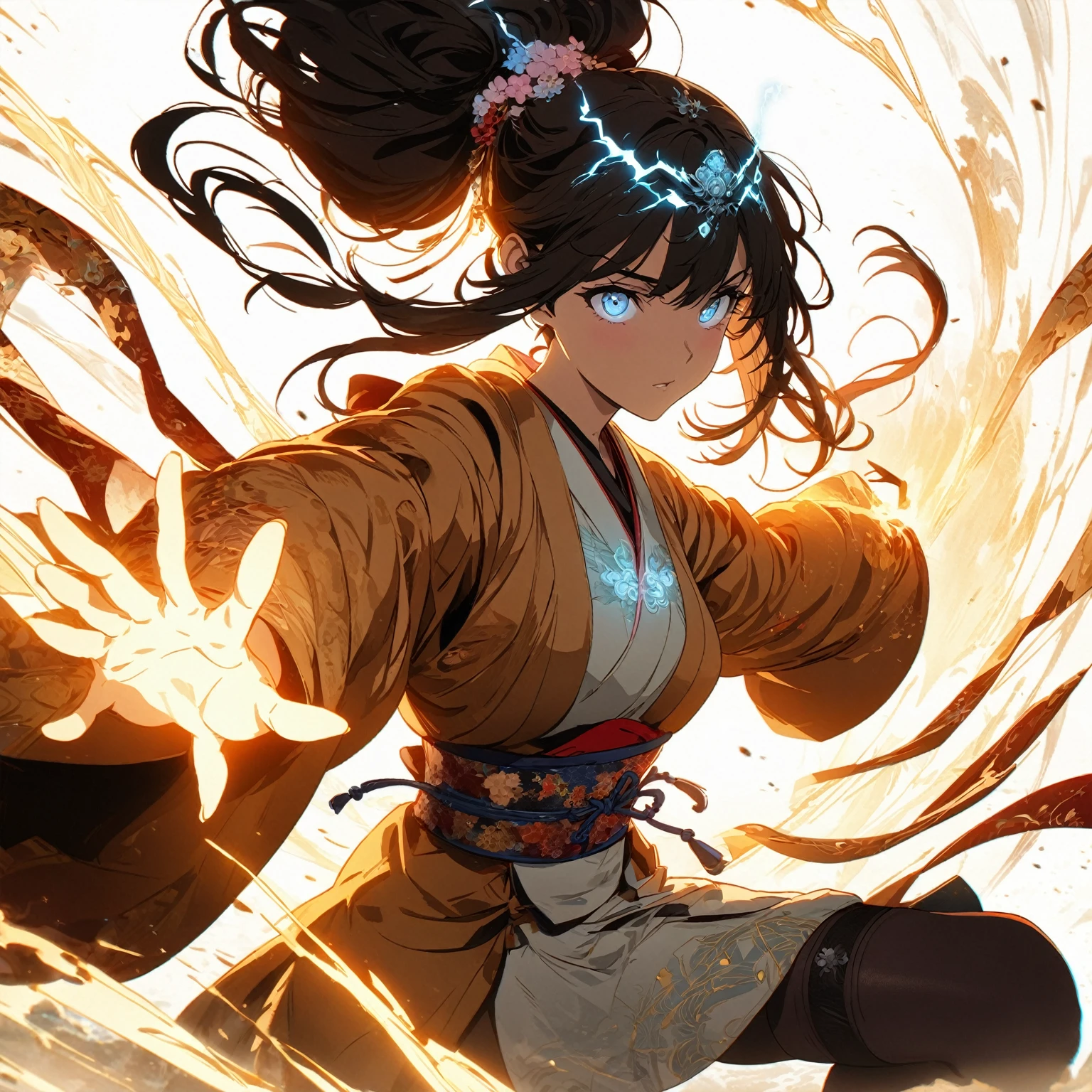 A young woman with long, dark hair tied back with an ornate hairpiece featuring flowers and ribbons, wearing a light beige top with wide, flowing sleeves and a dark, intricately designed belt, dark stockings or leg bands, standing in a traditional Japanese or Chinese-style room with soft light filtering through a shoji screen, in a dynamic action pose with one foot forward and both hands raised with blue lightning or energy effects emanating from her palms, creating a dramatic effect with strong backlighting, (nude:0.8), detailed gorgeous face| anime style| key visual| intricate detail| highly detailed| breathtaking| vibrant| panoramic| cinematic| Carne Griffiths| Conrad Roset| gibbli 8k.