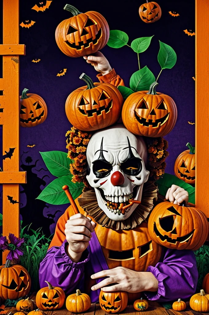 A background of a clown throwing skull flowers with his mouth, pumpkin and clown that say a phrase “Microdose Halloween edition”