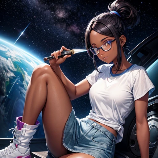 One girl, dark skin, Small breasts, wears thick-framed glasses that accentuate his facial features, Short Hair, Ponytail and gray, Silver Shirt, She is wearing another tight shirt underneath her shirt, Vibrant color details reminiscent of stars and planets in space, Blue skirt and high-top boots with non-slip soles,Holding a knife
