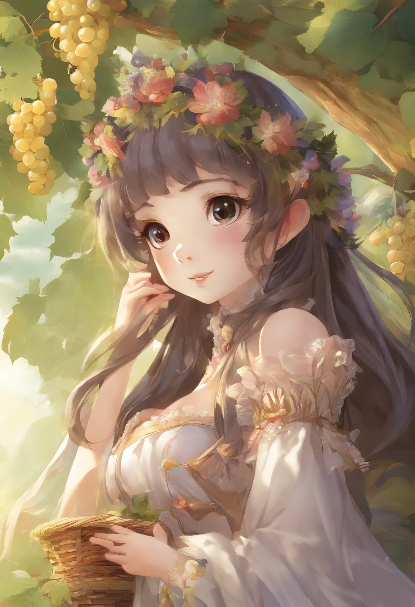 best quality,masterpiece,Ultra-high resolution,(truthfully:1.4),,Cartoon animated characters,20 years old,Japanese elf girl,Waist length hair,Large Breasts,smart eyes,Wear cotton clothing,in the vineyard,picking grapes,