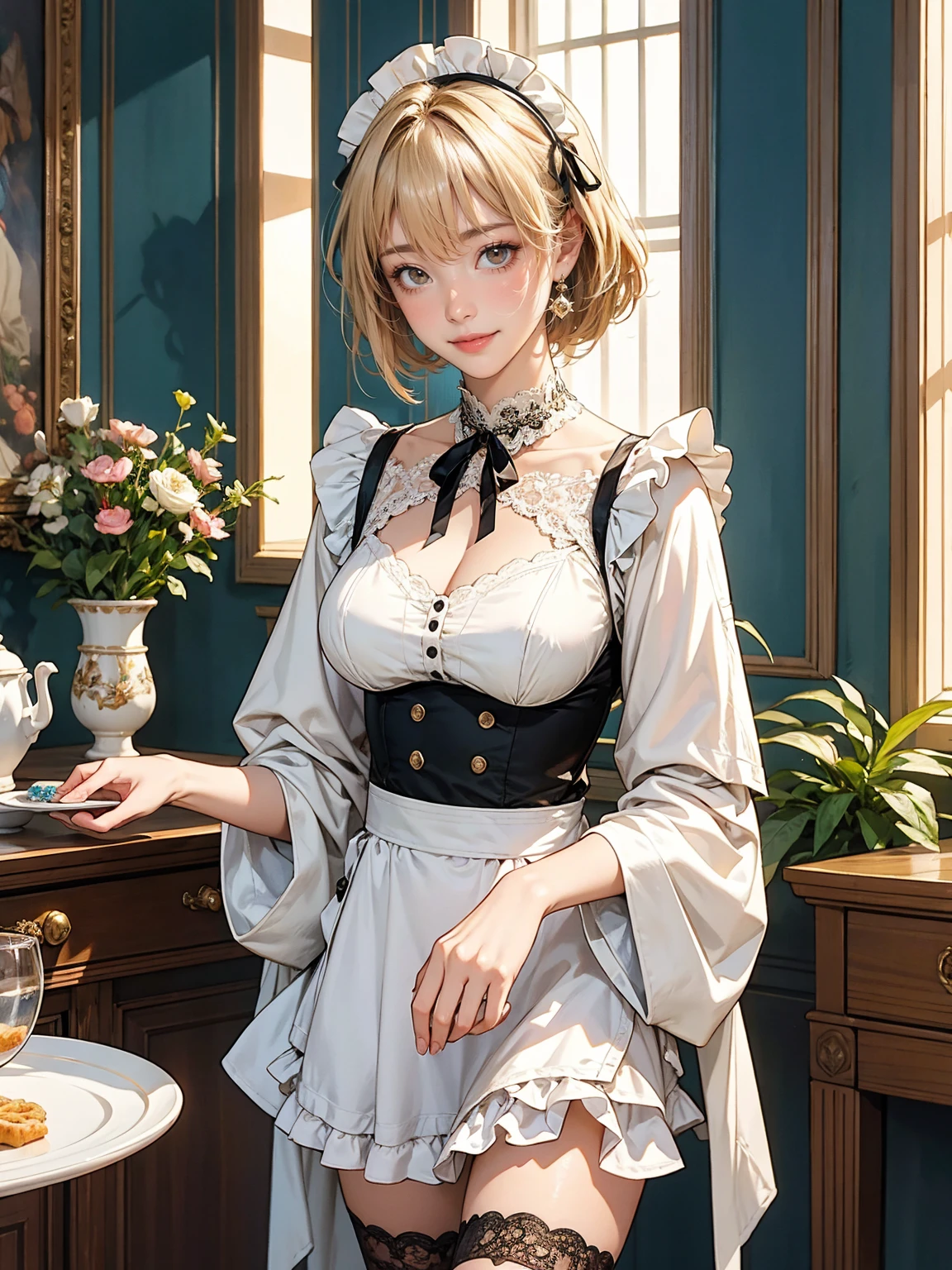 (masterpiece:1.1),(super realistic:1.0)(extremely detailed, intricate details, highres,2.5d:1.1),
8K raw photos,hight resolution,(violet_evergarden:1.29),best quality, The overall image quality is of the highest standard, The colors are vivid and vibrant, creating a visually stunning piece of artwork. The art style is a mix of illustrations and photorealistic elements, combining the beauty of fantasy with the realism of the world., The color palette is rich and diverse, with a range of hues that emphasize the vibrant and lively nature of the scene. BREAK (gothic-inspired motif, black lace, (lace ruffle socks:1.2), pannier, bonnet, corset, (closed collar long-sleeved blouse with frilled and ribbon:1.2), ((various kinds of colored:1.4) aesthetic cottage-core Renaissance dress with (lots of layered frills:1.2) and ribbons:1.2), a volumey pannier under a (long:1.2) jumper skirt, choker, platform shoes, stiletto high-heeled shoes, BREAK medium_breasts, supermodel, skinny, narrow waist, looking at viewer,(cowboy_shot), BREAK (blonde short bob cut), asymmetrical bangs, short bangs, bangs, longeyelashes, BREAK (creating luxurious atmosphere., luxurious room, marble floor, gorgeous oak walls, decorative walls), intricate carpet, decorative plant and flower with luxurious Wedgewood vases, wall lump, wall pictures, (detailed dining kitchen equipment, detailed cooking equipment), (large window with lace curtain), BREAK maid seeing her employer off at the entrance,, BREAK maid serving a cup of teacup on a silver tray,