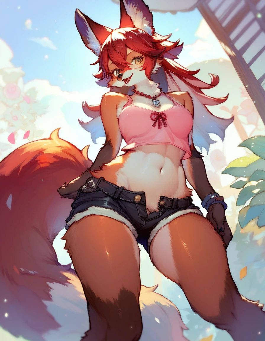 anime fantasy kemono style, a beautiful maned wolf kemono, with dark red fur, wolf ears with dark fur, white belly, hourglass body, wearing a pink tank top and short black shorts, long red tail with a black tip