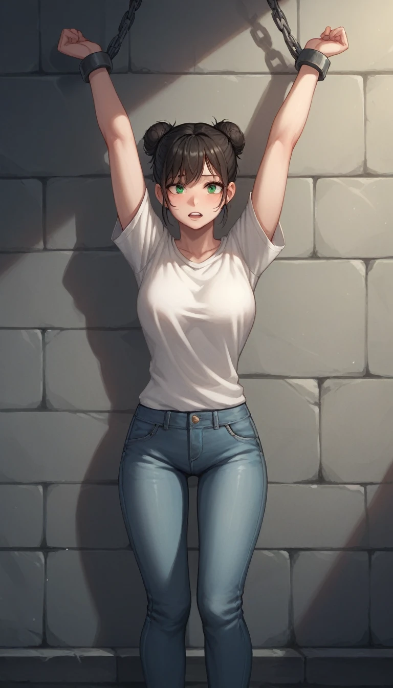 pun2 girl, by rubio, Bun, green eyes, ww chain, arms outstretched, messy hair, White shirt, Jeans, Dungeon, Best Quality, better resolution, 4k HD,