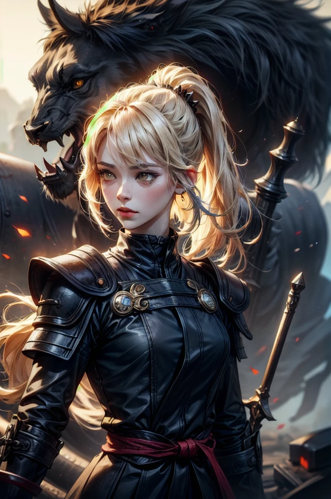 (absurdres, highres, ultra detailed), clean detailed anime art, 1woman, blond hair, long hair, pony tail, yellow eyes, white skin, samurai, after battle, day, battlefield