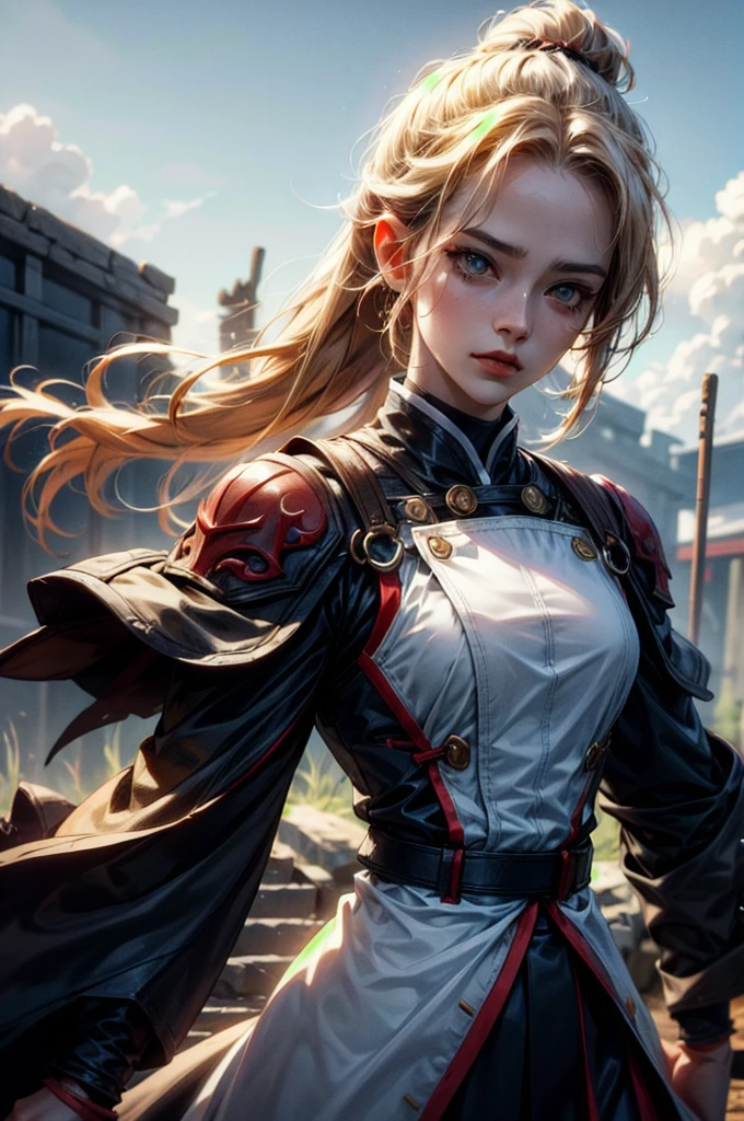 (absurdres, highres, ultra detailed), clean detailed anime art, 1woman, blond hair, long hair, pony tail, yellow eyes, white skin, samurai, after battle, day, battlefield