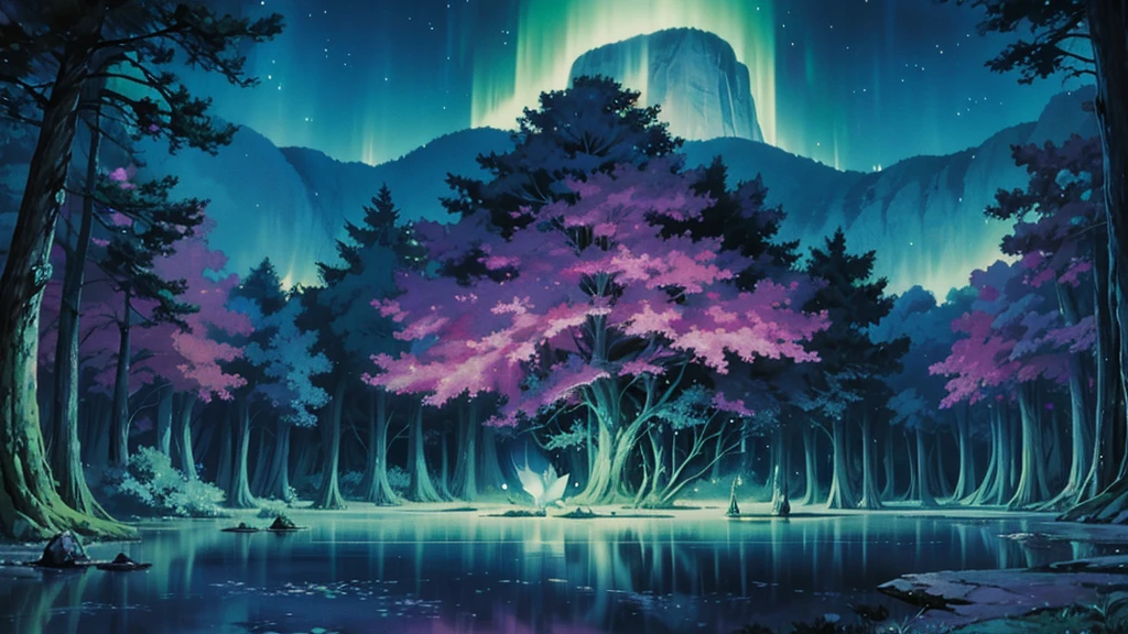 Magic forest in surreal anime style for ambient music cover. Giant trees with twisted trunks and luminescent leaves in pastel tones. A central clearing reveals a crystalline lake reflecting an impossible starry sky, with animated constellations and northern lights. Fantastic creatures like glowing deer and crystal butterflies float across the scene. Smooth and ethereal animation style, reminiscent of the works of Hayao Miyazaki mixed with the surrealism of 'Paprika'. Soft and dreamlike color palette: deep blues, soft greens and delicate pinks. The general atmosphere is serene and mystical. Composition that invites the viewer to immerse themselves in this dream world