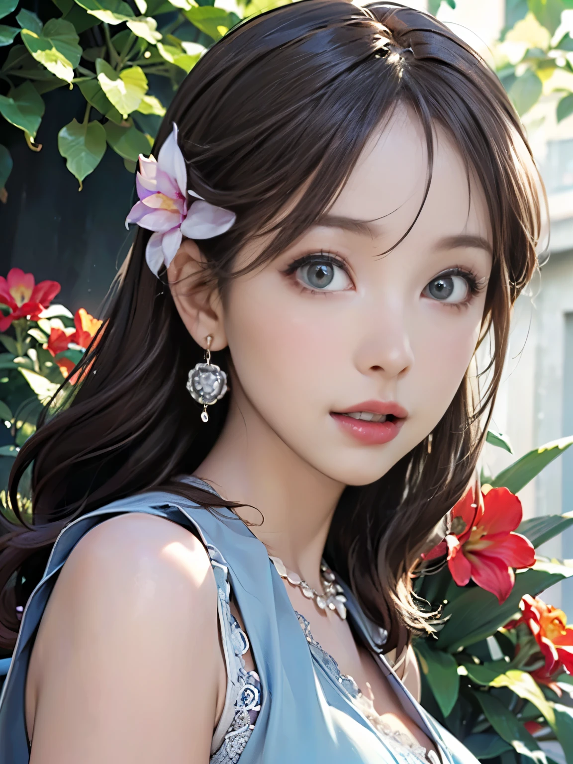 ((((Highest quality))))、(((Ultra-precision CG16K wallpaper)))、(((masterpiece)))、(((Super detailed)))、(((Extreme detail)))、((1Mature 29 year old woman:1.6))、((Very beautiful Japan face of a person))、((Urizane Face:1.8))、((Medium Straight Hair:1.6))、(Shiny Hair)、A delicately drawn beautiful face、(Dark Eyes、Detailed pupil and iris、Reflected light from the eye)、double eyelid、High nose、Small nostrils、Small Mouth、Seductive lips、Beautiful breasts、((B cup size breasts))、Cleavage、eight-headed body、Perfect proportions、Perfect Anatomy、Perfect composition、Beautiful detailed shading、Beautiful, natural lighting、Beautiful detail glow、Depth of written boundary、(((High chroma)))、(((Real:1.9)))、((vivid:1.5))、((Beautiful Skin))、((Skin Texture))、((Realな皮膚感))、(((Bust Shot:1.6)))、(((front view、shoot from front、front low angle:1.6)))、(((Half-open mouth、Surprised face:1.5)))、(((looking at camera:1.6)))、Bright daylight、Natural light、(((background_Flower Garden:1.5)))、(Standing pose:1.6)、(((Light blue sleeveless lace blouse:1.6)))、((necklace、Wearing earrings:1.5))、