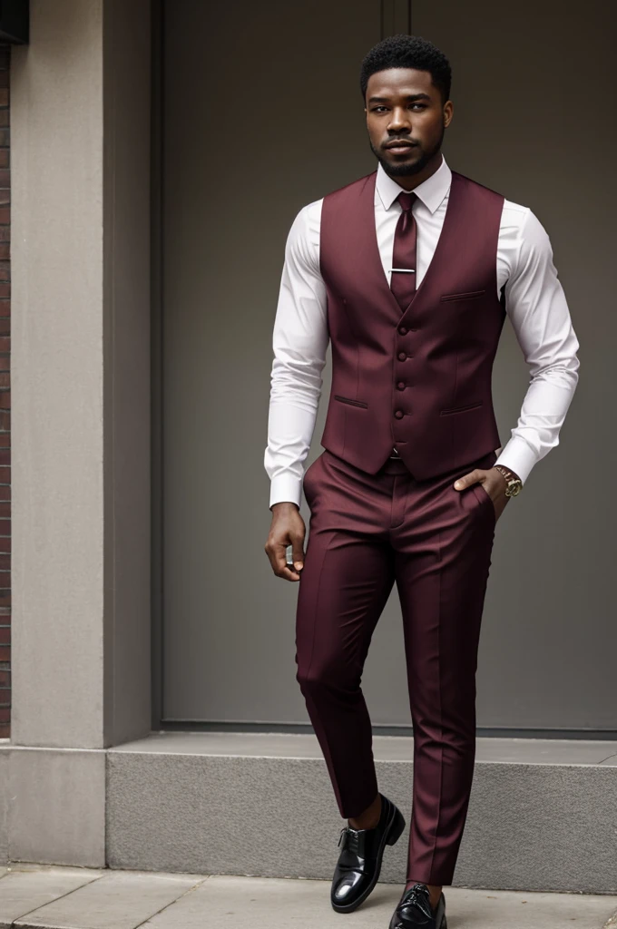 Black guy wearing burgundy suit, white shirt, waistcoat and mlb chunky red liner shoes.