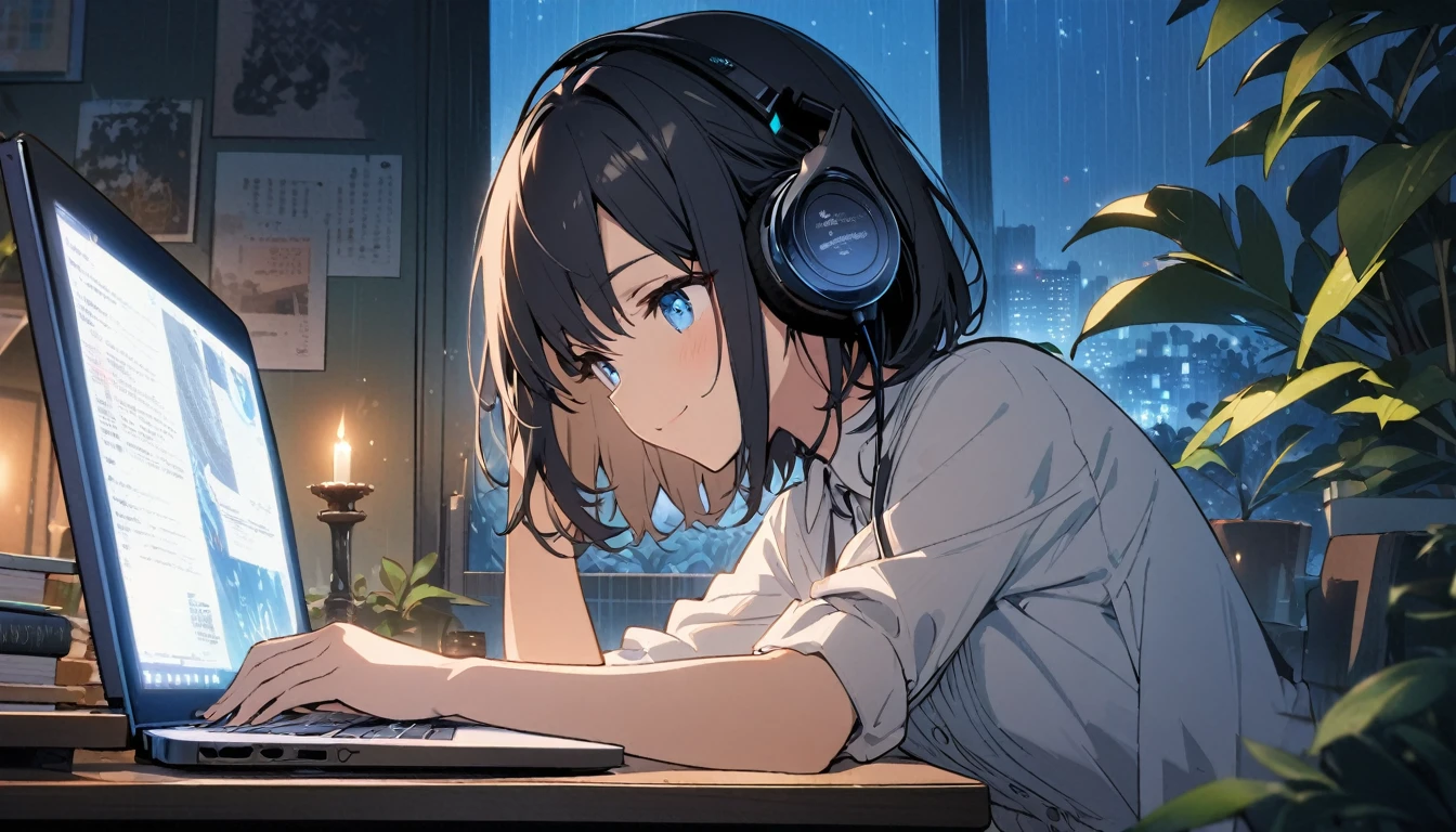 1girl, solo, blue eyes, (detailed eyes), gentle smile on her face flat chest, short hair, black hair, upper body, wearing a white dress shirt ((masterpiece, illustration, best quality)) rainy night, a girl studying while listening to music with headphones, the night view is very beautiful with beautiful candle on her table. there are plants in the background, She is typing her laptop with a beautiful night view with books and plants in the background with coffee on the desk