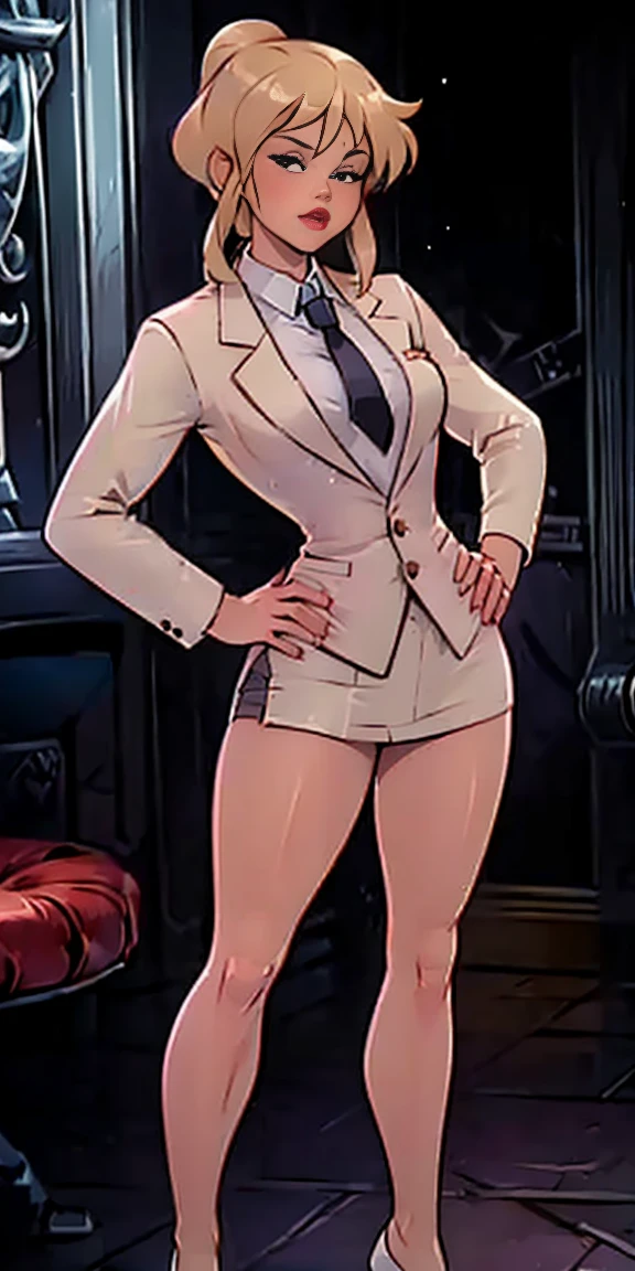 ((Masterpiece, white background)) full body of a woman, skirt suit, (((three-piece suit))), (((dress shirt))), (((necktie))), (((blazer))), (((suit jacket))), ((waistcoat)), double-breasted waistcoat, (((bodycon miniskirt))), pocket square, cufflinks, tie clip, tight clothing, formal clothing, slender figure, tailored suit, feet together, standing feet together, high heels, beautiful and elegant queen, a beautiful fantasy empress, hands on hips (Holli Would)