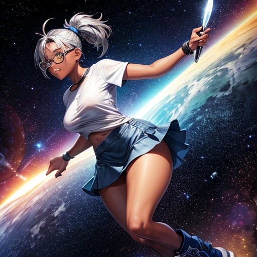 One girl, dark skin, Small breasts, wears thick-framed glasses that accentuate his facial features, Short Hair, Ponytail and gray, Silver Shirt, She is wearing another tight shirt underneath her shirt, Vibrant color details reminiscent of stars and planets in space, Blue skirt and high-top boots with non-slip soles,Holding a knife