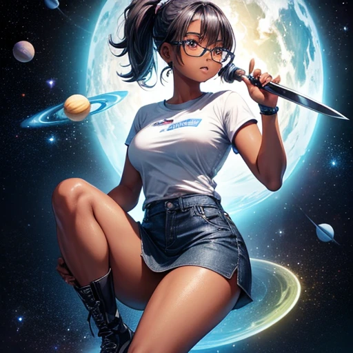 One girl, dark skin, Small breasts, wears thick-framed glasses that accentuate his facial features, Short Hair, Ponytail and gray, Silver Shirt, She is wearing another tight shirt underneath her shirt, Vibrant color details reminiscent of stars and planets in space, Blue skirt and high-top boots with non-slip soles,Holding a knife