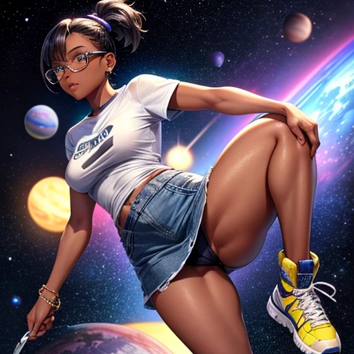 One girl, dark skin, Small breasts, wears thick-framed glasses that accentuate his facial features, Short Hair, Ponytail and gray, Silver Shirt, She is wearing another tight shirt underneath her shirt, Vibrant color details reminiscent of stars and planets in space, Blue skirt and high-top boots with non-slip soles,Holding a knife
