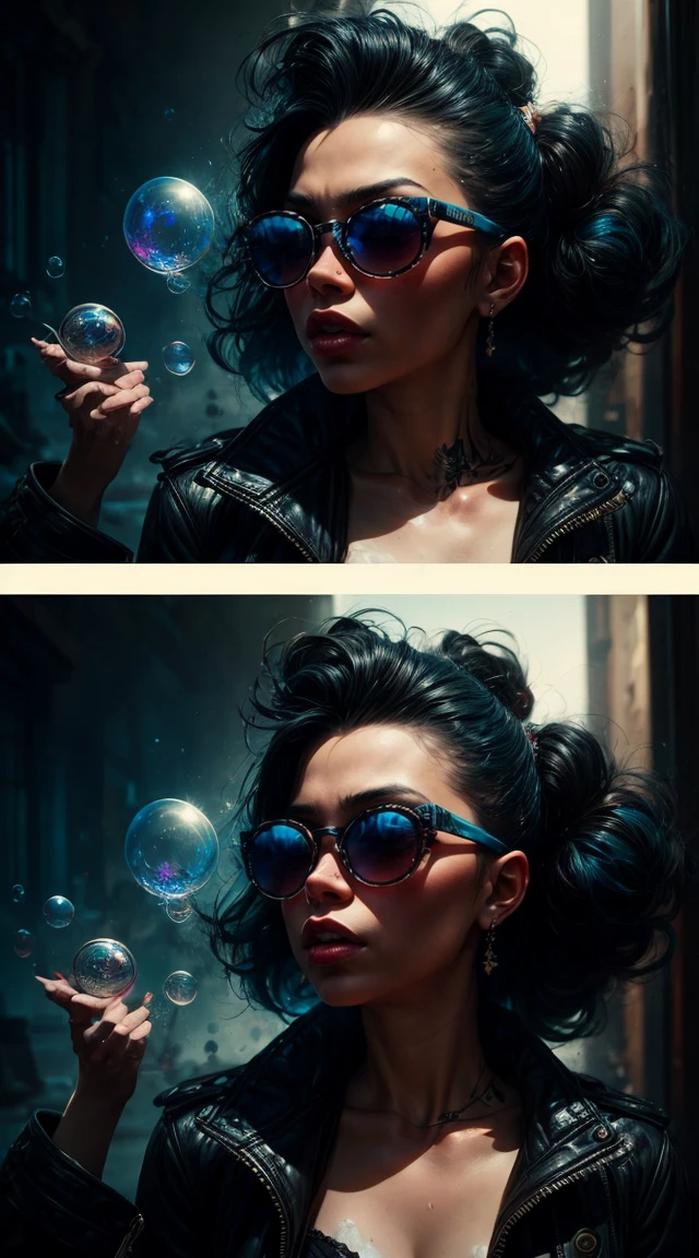 Snthwve Style Nvinkpunk Beautiful Drunk Woman Like Sandman Delusion, (amazing colored soap bubbles), por Jeremy Mann, by Sandra Chevrier, by dave mckean and richard avedon and maciej kuciara, punk rock, Sunglasses, regatta, high detailed, 4k, rtx