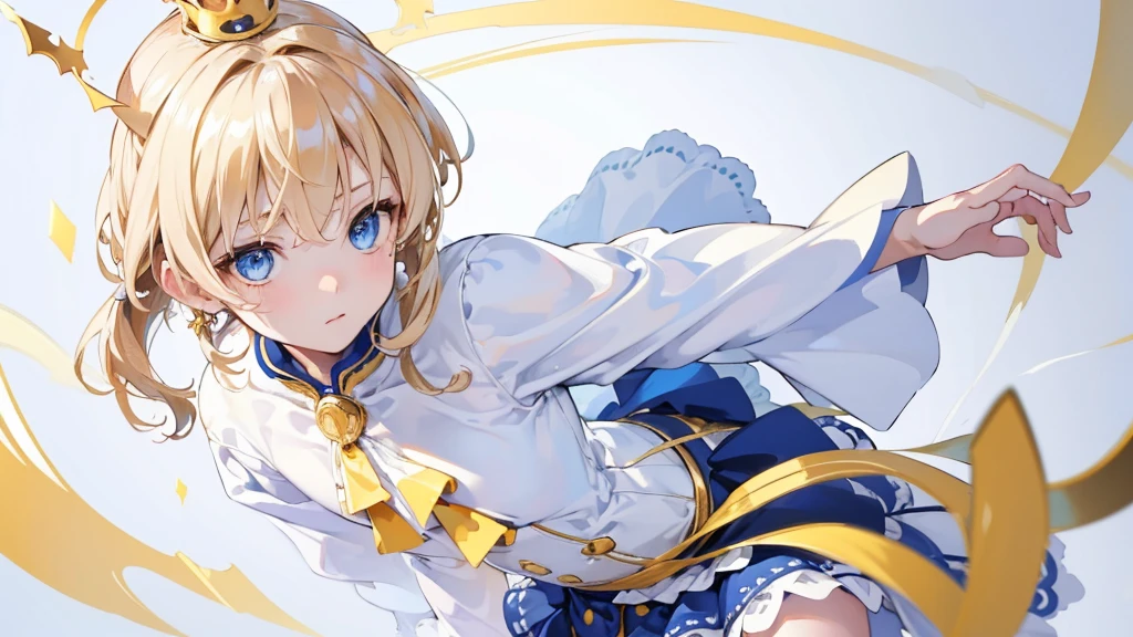 (Highest quality) (4K) (8k) (High resolution) (masterpiece:1.2) (Super detailed) One boy short hair Wizard Blue Eyes Long sleeve Golden decoration Hair between the eyes White Dress Wavy golden hair Upper Body crown (White Background) cute Young Serious