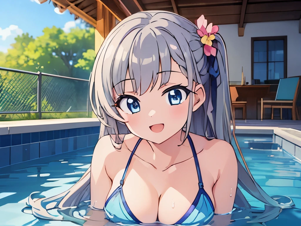 ((masterpiece)), ((best quality)), (ultra-detailed), anime style, pool, a cute girl, 1girl, solo, ((beautiful eyes)), smile, bikini00,