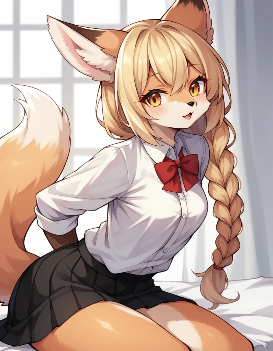 score_9,score_8_up,score_7_up, kemono style, Anthro, light yellow anthro furry fox girl, blonde fox girl, tall adult female, long blonde hair, single braided hair, yellow eyes, snout, black nose, blonde furry body, fox ears and tail, small breasts, wearing white button up shirt, black skirt