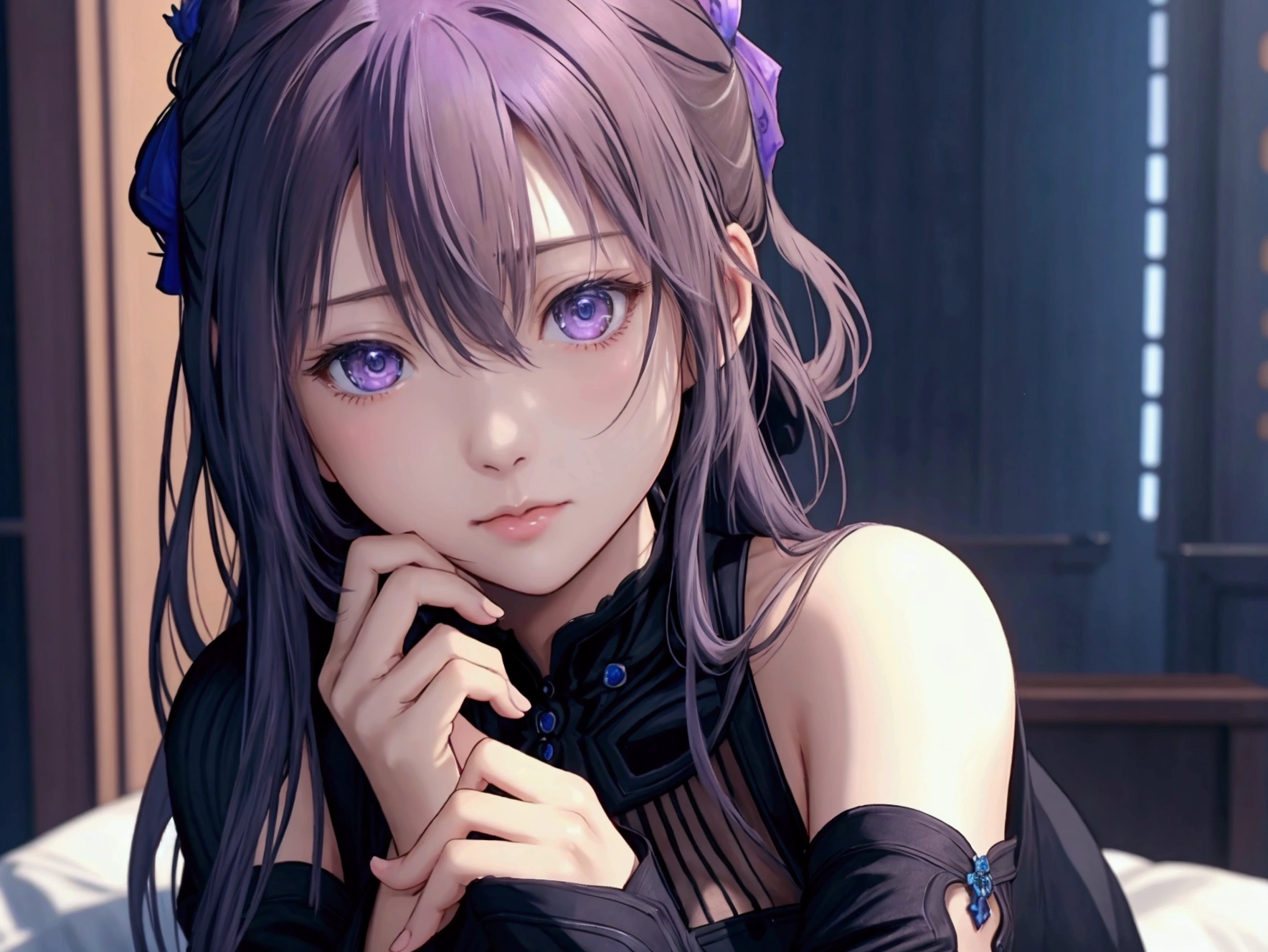 1 girl, detailed blue eyes, dark purple hair, full body covered clothing, insecure, melancholy expression, tears in eyes, on apartment balcony, night scene, (best quality,4k,8k,highres,masterpiece:1.2),ultra-detailed,(realistic,photorealistic,photo-realistic:1.37),dramatic lighting,cinematic mood,emotional portrait,moody atmosphere