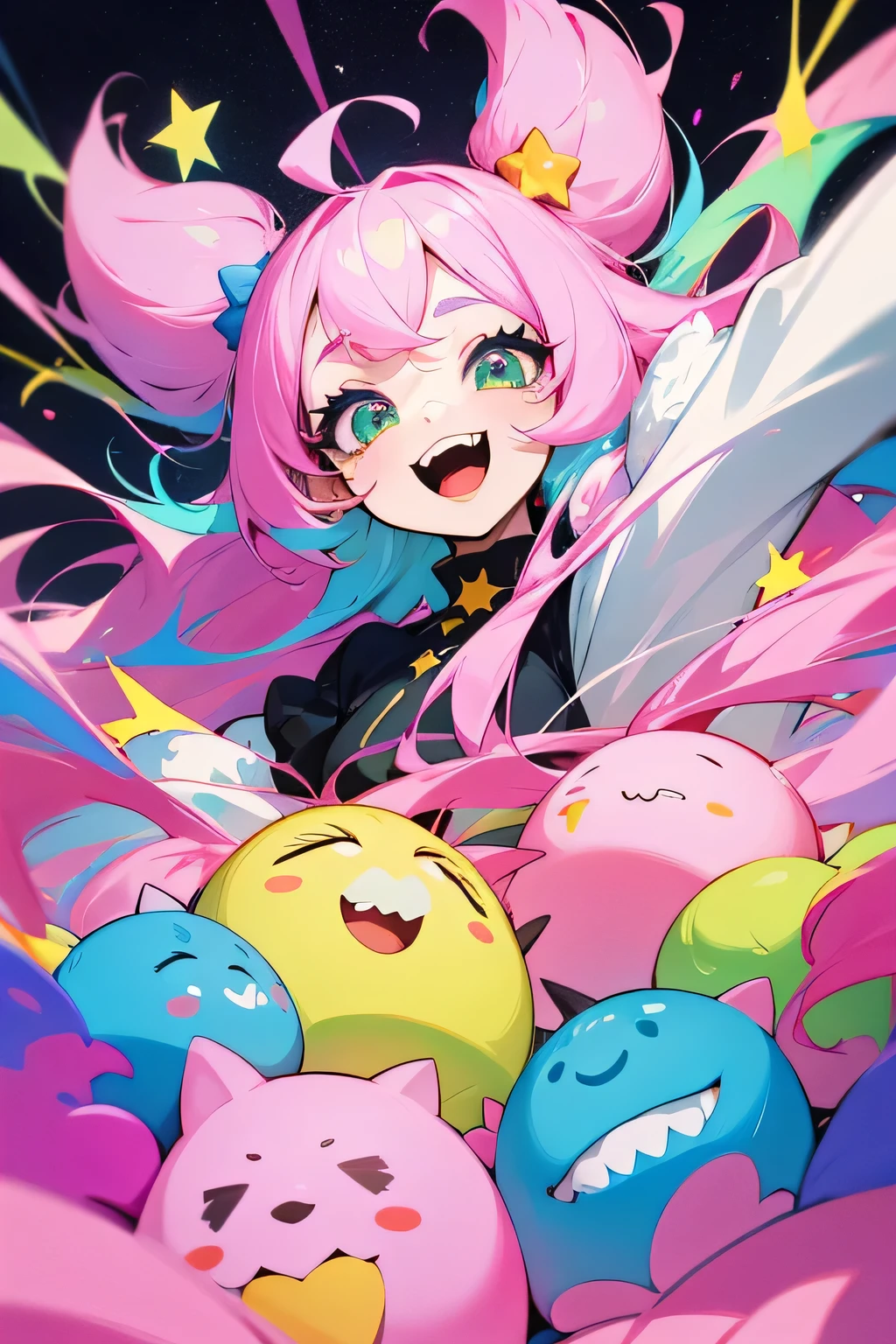 Girl, fluffy hair, pink hair, long hair, big eyes, long eyelashes, colorful green eyes, round eyes, stars in the eyes, open mouth, jagged teeth, joy, pop, cute, Colorful, happy pose, dynamic, pastel, (colorful:1), (sketch:0.3), (hyper pop:1), Jirai Kei, (realistic:1.3)