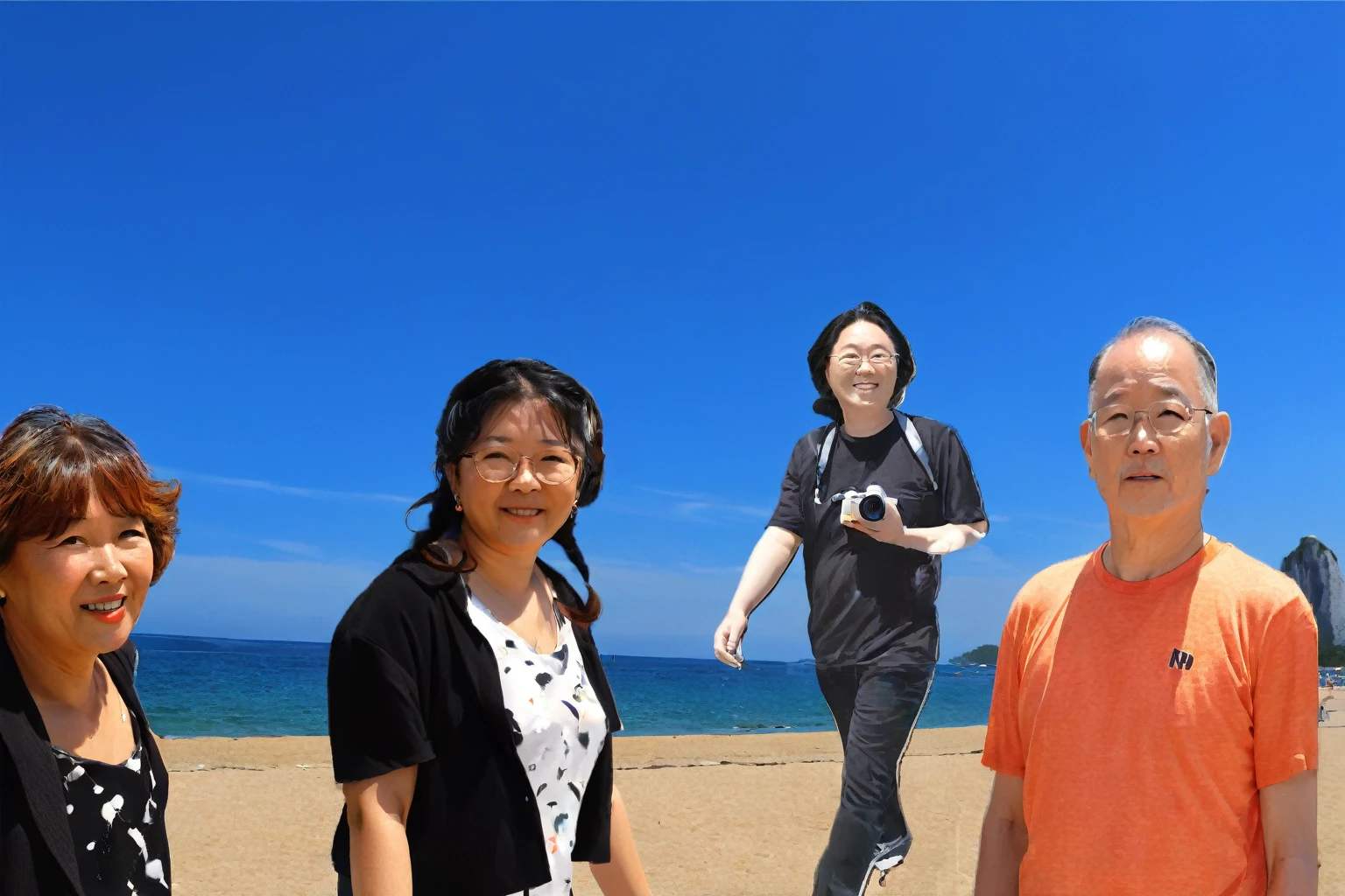 Three people standing on the beach with a man and a woman, vacation photo, Standing near the beach, Photo taken with Nikon D750, Photo taken with Nikon D750, at the beach 화창한 날, at the beach, With a lot of travelers, at the beach, at the beach, at the beach, standing at the beach, at the beach
