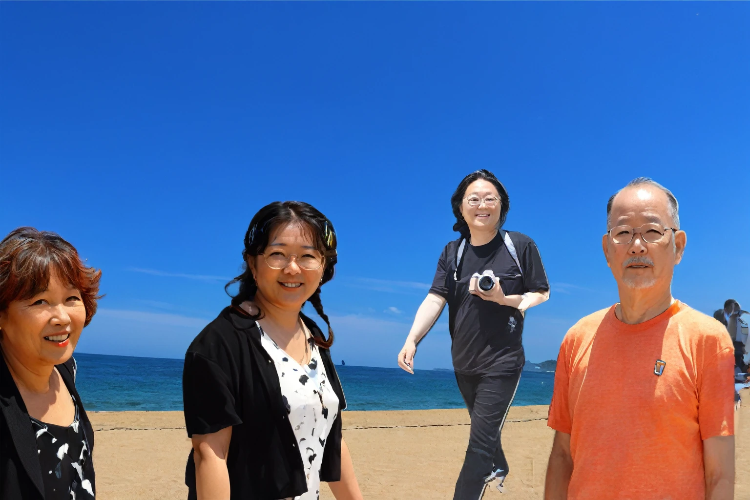 Three people standing on the beach with a man and a woman, vacation photo, Standing near the beach, Photo taken with Nikon D750, Photo taken with Nikon D750, at the beach 화창한 날, at the beach, With a lot of travelers, at the beach, at the beach, at the beach, standing at the beach, at the beach