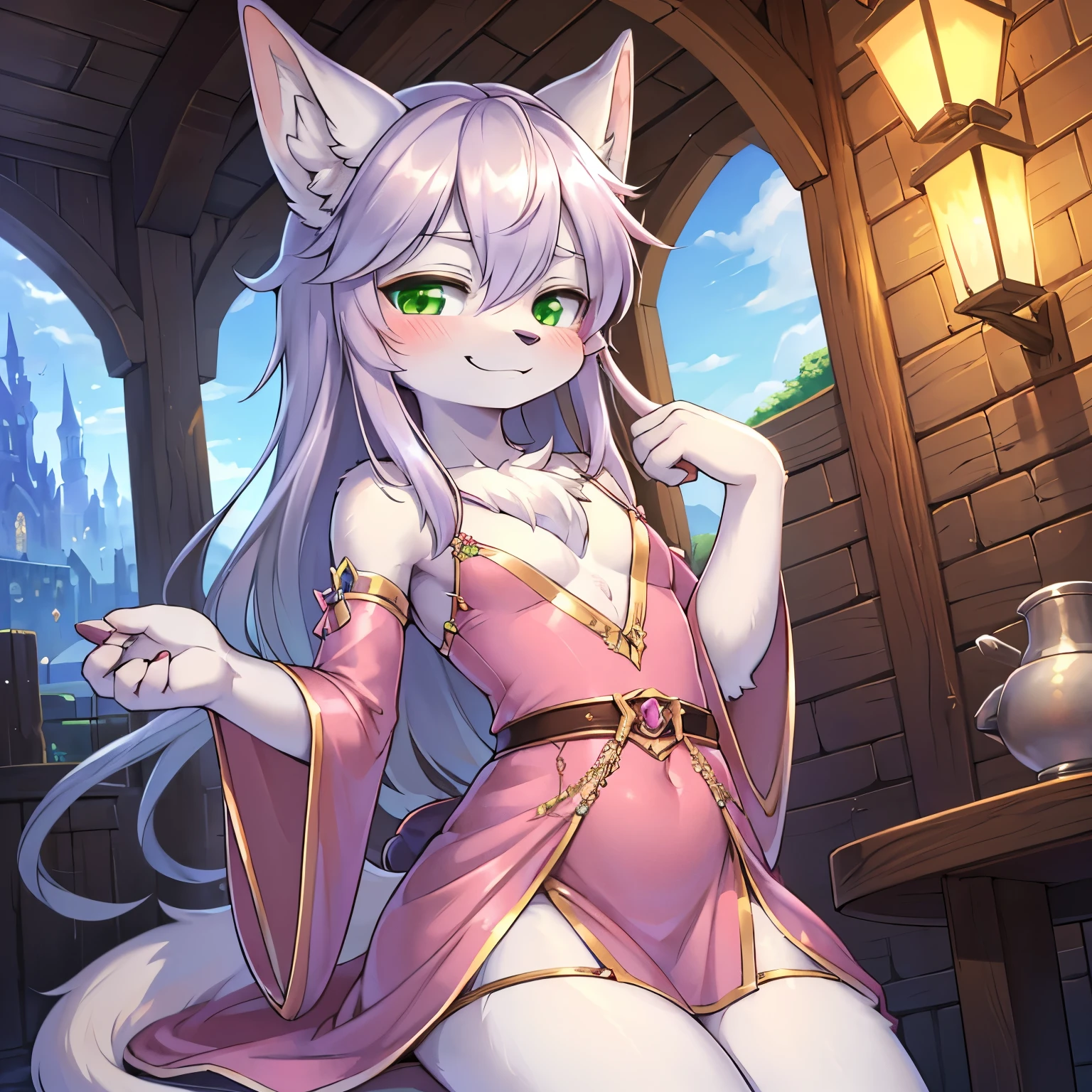 (Furry art,Uploaded on e621:1.4)shaggy,Furry female,Fluffy tail,canid,Full Body Furry,(Half head of gray hair, half pink hair:1.3),One eye is yellow,One is blue,long and flowing hair,etherealglow