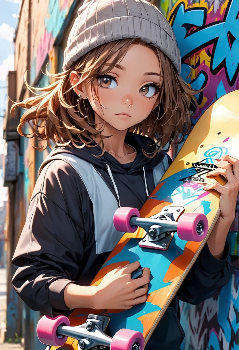 Skaterguy, 2000's style brown messy hair, holding skateboard, graffiti, grey beanie, up close, anime