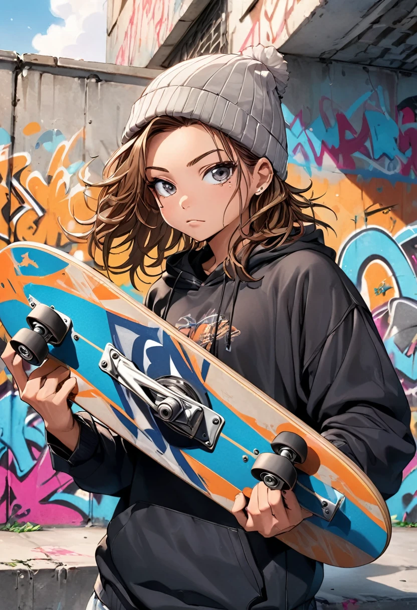 Skaterguy, 2000's style brown messy hair, holding skateboard, graffiti, grey beanie, up close, anime