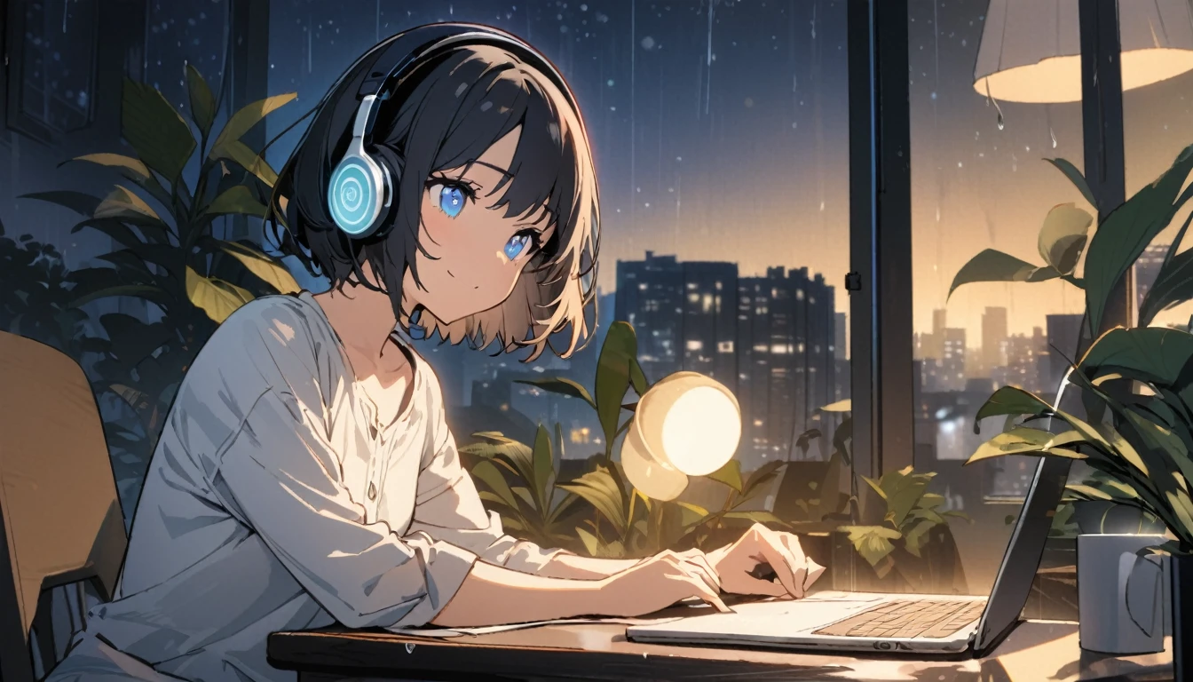 1girl, solo, blue eyes, (detailed eyes), gentle smile on her face flat chest, short hair, black hair, upper body, wearing a white dress shirt ((masterpiece, illustration, best quality)) rainy night, a girl studying while listening to music with headphones, the night view is very beautiful with beautiful candle on her table. there are plants in the background, She is typing her laptop with a beautiful night view with books and plants in the background with coffee on the desk
