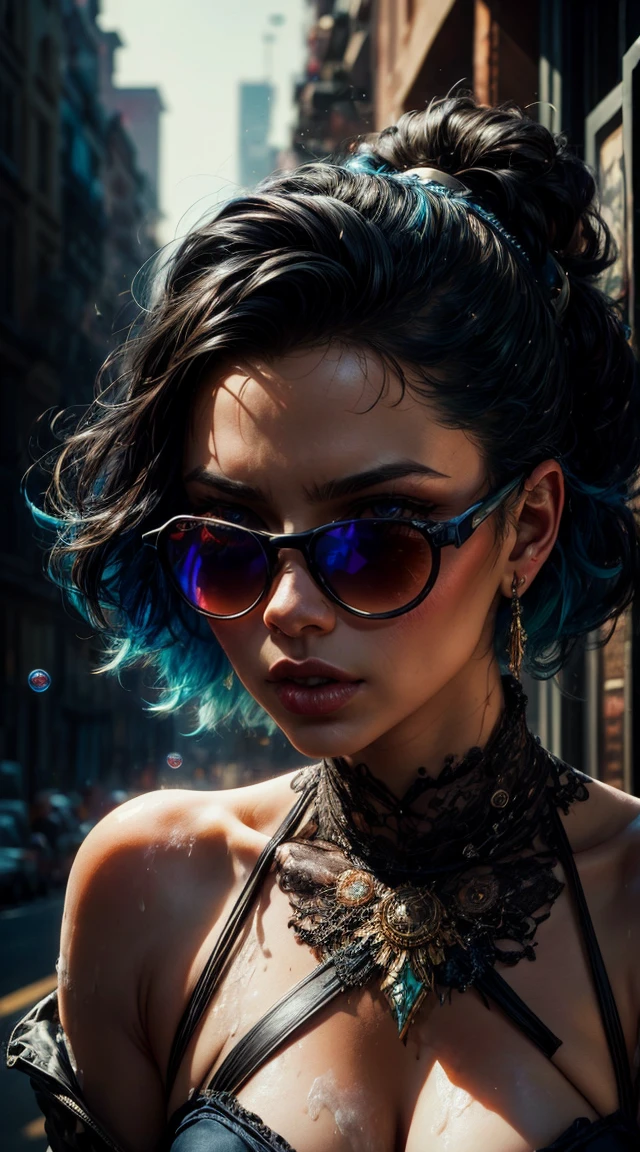 Snthwve Style Nvinkpunk Beautiful Drunk Woman Like Sandman Delusion, (amazing colored soap bubbles), por Jeremy Mann, by Sandra Chevrier, by dave mckean and richard avedon and maciej kuciara, punk rock, Sunglasses, regatta, high detailed, 4k, rtx
