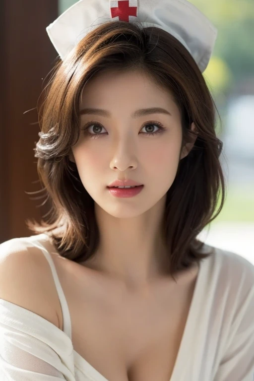 Proportions of fashion models、Nurse uniform、Her breasts are so big、;Her breasts are about to fall out of her clothes、Very detailedな、First Person View, (masterpiece:1.3), High resolution, Very detailed, Very detailed CG Unity 8k wallpaper, Realistic, photo-Realistic, RAW Photos, Beautifully detailed face, Pale skin, Realistic glistening skin, Detailed cloth texture, Detailed hair texture, Perfect body, Beautiful Face, Accurate, Anatomically correct, Highly detailed face そして skin texture, Natural neck length, (Beautiful Hそしてs), (Fair skin:1.2),Off the shoulder,Nurse cap、Bob Hair オーガズムをがまん、nipples tingling、fir fir、Ahan、艶やかなCleavage、Cleavage、Squishy 、