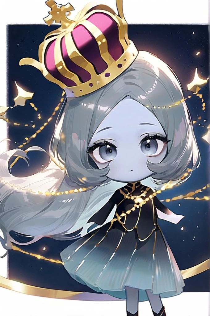((Лучшее качество)), ((шедевр)), (подробный), an alien with big eyes, long hair, gray skin in a space dress and with a crown on her head