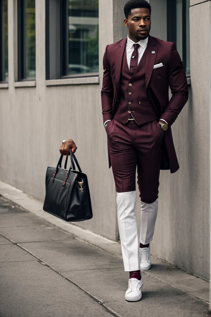 Black guy wearing a full burgundy suit, white shirt, waistcoat and white airforces