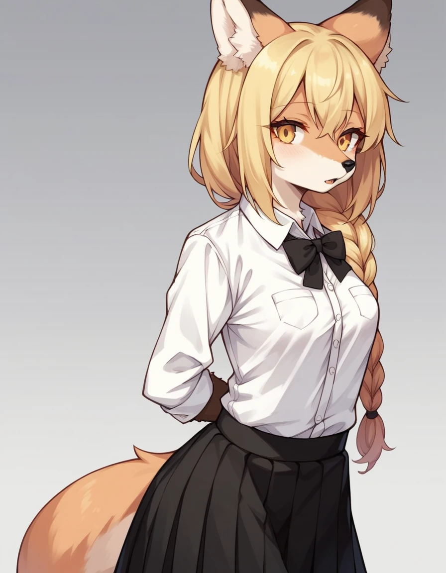 score_9,score_8_up,score_7_up, kemono style,  Anthro, light yellow anthro furry fox girl, blonde fox girl, tall adult female, long blonde hair, single braided hair, yellow eyes, snout, black nose, blonde furry body, fox ears and tail, small breasts,  wearing white button up shirt, black skirt