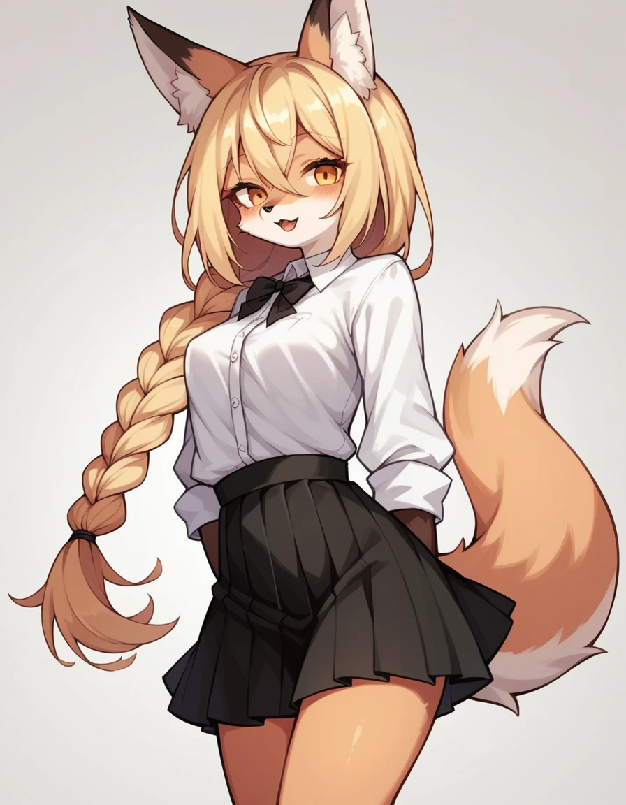 score_9,score_8_up,score_7_up, kemono style, Anthro, light yellow anthro furry fox girl, blonde fox girl, tall adult female, long blonde hair, single braided hair, yellow eyes, snout, black nose, blonde furry body, fox ears and tail, small breasts, wearing white button up shirt, black skirt
