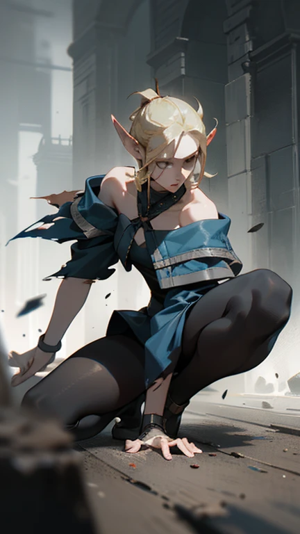 (1girl,blonde hair,elegant,off the shoulder,torn clothes,black tights,silver accessories,pierced clothes,pointed ears,on the ground,best quality,masterpiece,ultra-detailed,photorealistic,intricate details,detailed clothing,dynamic pose,dramatic lighting,cinematic,moody,dark,fantasy)