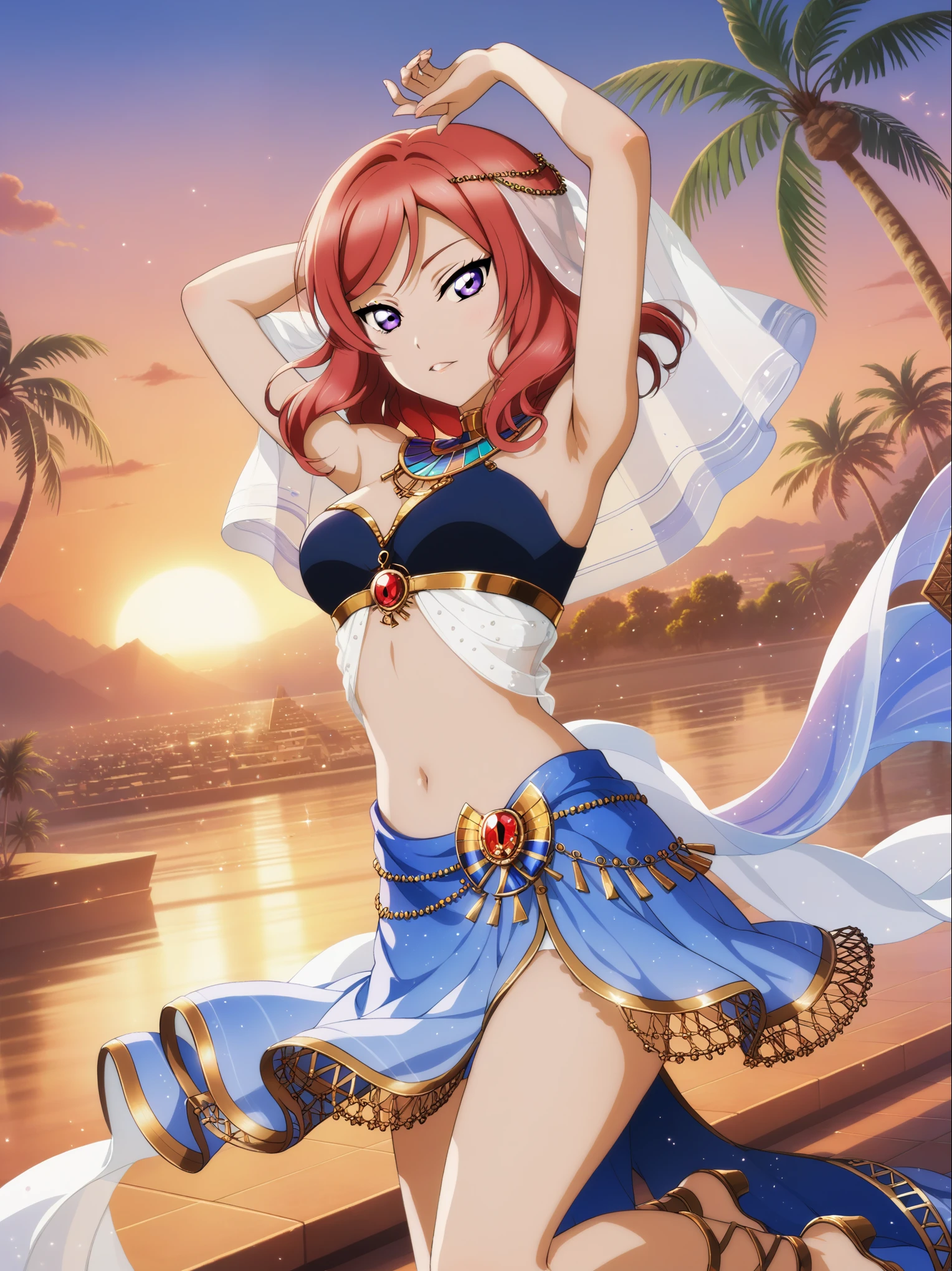 masterpiece, best quality,solo, floating hair,nishikino maki,red hair, detailed eyes,purple eyes, light blue dress ,3pyramids, nile river, sunset,palm tree,medium breasts ,midriff peak, Egypt queen , arms up, medium hair 