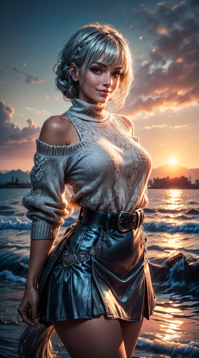 sunset city,The actress is a very beautiful Western adult woman...... bobbin lace ruffle miniskirt,sexy face, Belt pouch, Oversized Loose Bobbin Lace Sweater, V-neck and cold shoulders . happy smile.sexy face, (silver hair、Bollos retorcidos en una Horse tail adornados con trenzas y cuentas elaboradas.,Fishbone Braiding Hair,),(The fringes are transparent fringes.),(shorten、Horse tail、by the floating、),.(great emphasis:1.3),Use the sunset as lighting.,cinematic light,(mesa,Maximum quality,Ultra-high resolution output image,) ,(8K quality,),(marine art mode 2:1.3),,(Ultra HD picture mode,)

