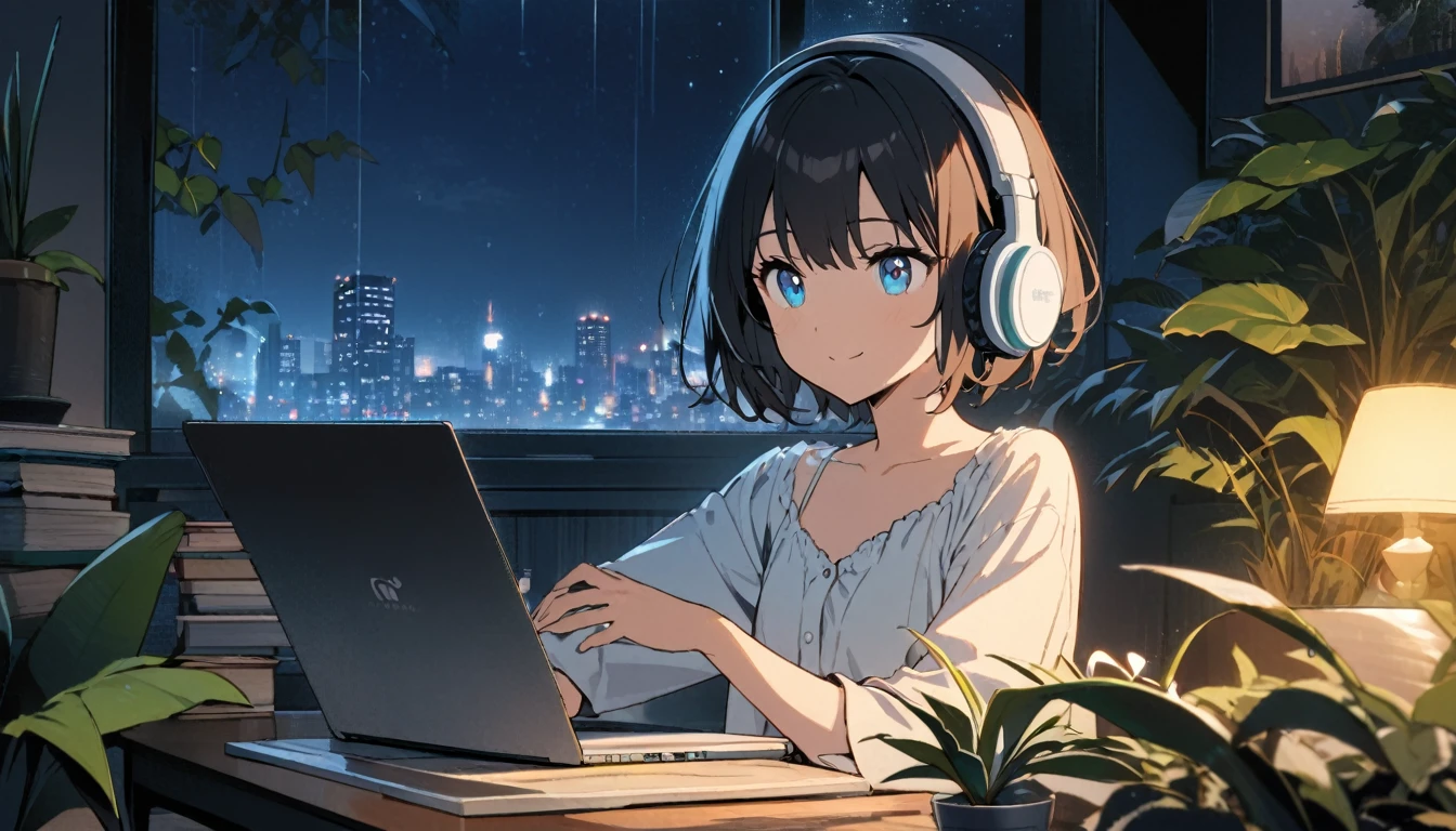 1girl, solo, blue eyes, (detailed eyes), gentle smile on her face flat chest, short hair, black hair, upper body, wearing a white dress shirt ((masterpiece, illustration, best quality)) rainy night, a girl studying while listening to music with headphones, the night view is very beautiful with beautiful candle on her table. there are plants in the background, She is typing her laptop with a beautiful night view with books and plants in the background with coffee on the desk
