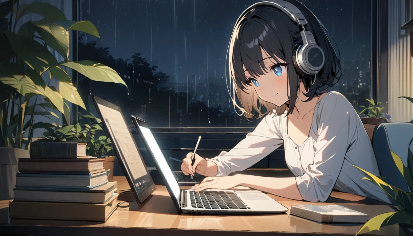 1girl, solo, blue eyes, (detailed eyes), gentle smile on her face flat chest, short hair, black hair, upper body, wearing a white dress shirt ((masterpiece, illustration, best quality)) rainy night, a girl studying while listening to music with headphones, the night view is very beautiful with beautiful candle on her table. there are plants in the background, She is typing her laptop with a beautiful night view with books and plants in the background with coffee on the desk