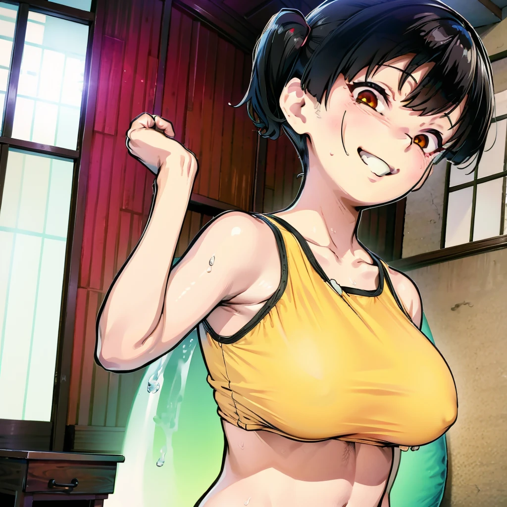 gesugaoをしながらtitfuckをするsasaki kanna, Yellow Tank Top, underboob, Sweat, Black hair twin tails, Guess face, smile, crazy Smile, 勝ち誇ったsmile, Her body is like that of a slender , but her breasts are large., Sasaki Kanna squeezes this strong penis with visible veins between her breasts, Dim torture chamber, prison, 狂気じみたsmile, 凄まじいsmile, stick out your tongue and tease, pupils are small, Grab both breasts with both hands