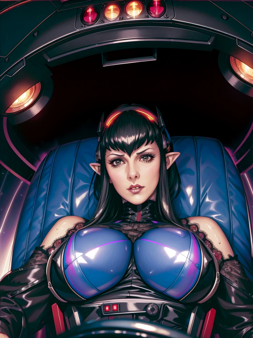 (((gothic vampire piloting) in gothic spacecraft)), (((retro anime))), ((from below)), ((120 fov)), ((((gothic)) control panels)), (((mature))), (((gothic))), (iridescent) bodysuit, ((((lace accessories)))), ((pilot seat)), ((((lying back)) pose)), (((elegant))), (((serious tone))), ((cockpit top control panel)), intricate control panel details, close-up, 1990s (style), masterpiece, ((claustrophobic)), best quality, screens, ((pilot helmet)), night, ((low key light)), (colorful cockpit lights), sparkles, (dramatic lighting), sweat, [blushing], [[pointy ears]]