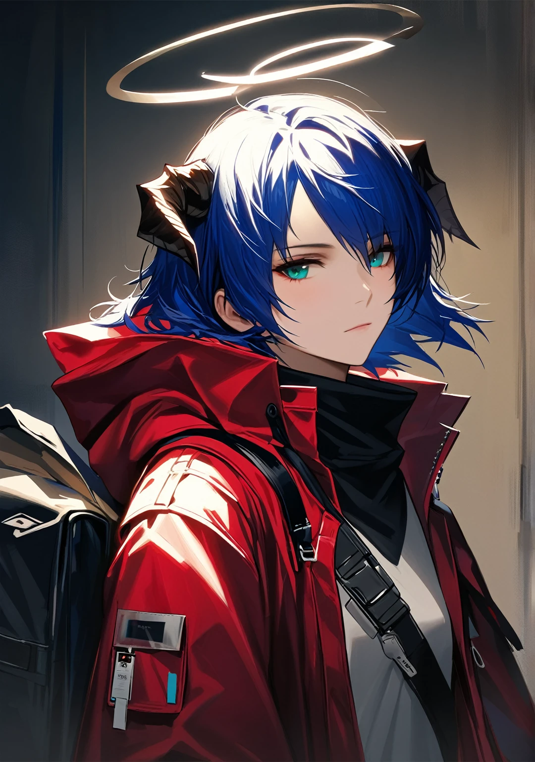 (woman), ((Mostima from arknights)), masterpiece, best quality, blue hair, ((short hair)), horns, plain white shirt, red fullbody coat, red hood, dark blue eyes, realistic anime style, faint smile, ((portrait)), black gloves, carring a bag, halo.