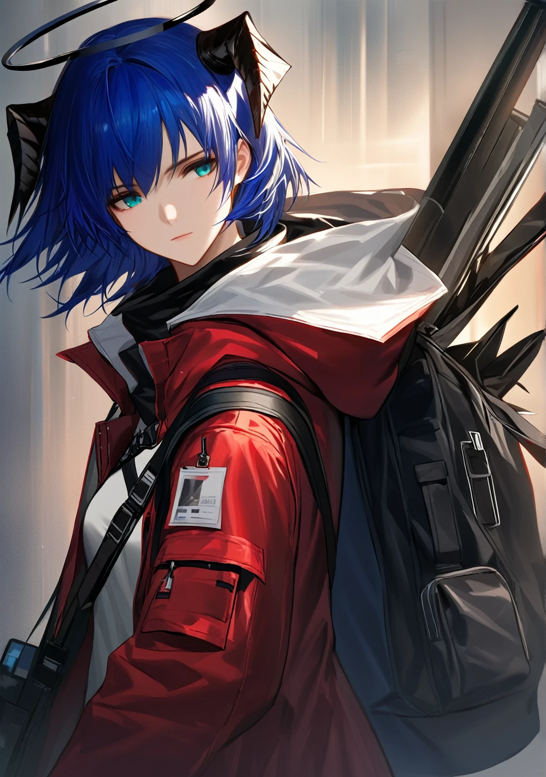 (woman), ((Mostima from arknights)), masterpiece, best quality, blue hair, ((short hair)), horns, plain white shirt, red fullbody coat, red hood, dark blue eyes, realistic anime style, faint smile, ((portrait)), black gloves, carring a bag, halo.