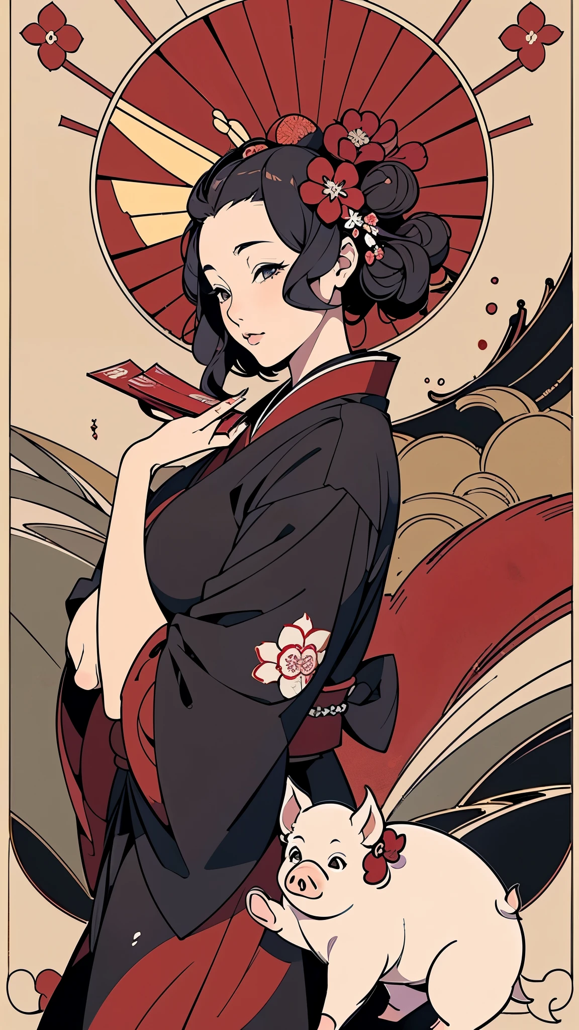 (masterpiece:1.2, Highest quality, Highest quality),(Super detailed),8k,wallpaper,(Illustration of Japanese-style Hanafuda cards),(pig),(Hand,detailed,perfect.perfection,hands),Beautiful hand drawing,(Katsushika Hokusai's painting style)