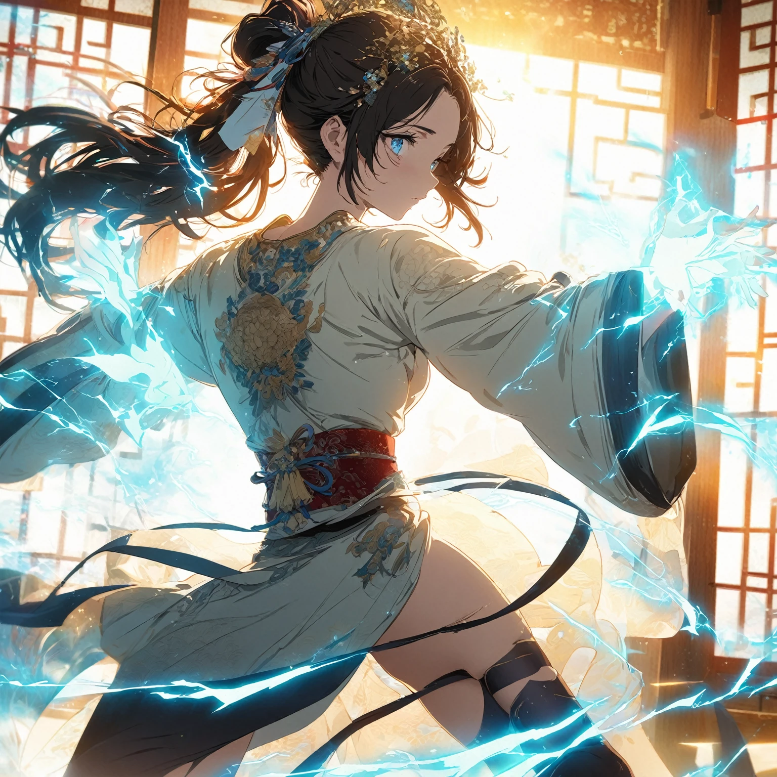 A young woman with long, dark hair tied back with an ornate hairpiece featuring flowers and ribbons, wearing a light beige top with wide, flowing sleeves and a dark, (nude:0.9), intricately designed belt, dark stockings or leg bands, standing in a traditional Japanese or Chinese-style room with soft light filtering through a shoji screen, in a dynamic action pose with one foot forward and both hands raised with blue lightning or energy effects emanating from her palms, creating a dramatic effect with strong backlighting, (nude:0.9), detailed gorgeous face| anime style| key visual| intricate detail| highly detailed| breathtaking| vibrant| panoramic| cinematic| Carne Griffiths| Conrad Roset| gibbli 8k.