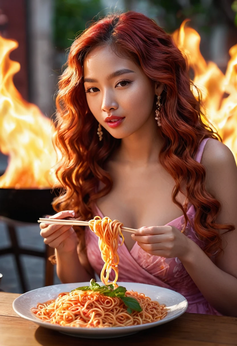 Noodle in the mouth, noodle fire, a beautiful mixed girl, beautiful detailed face, perfect hands and feet, long red wavy hair, hair clip, backlighting, delicate nose, lush detailed lips, pink classy dress, eating fire noodles, (best quality,8k,highres,masterpiece:1.2),ultra-detailed,(realistic,photorealistic:1.37),portrait,vivid colors,bokeh