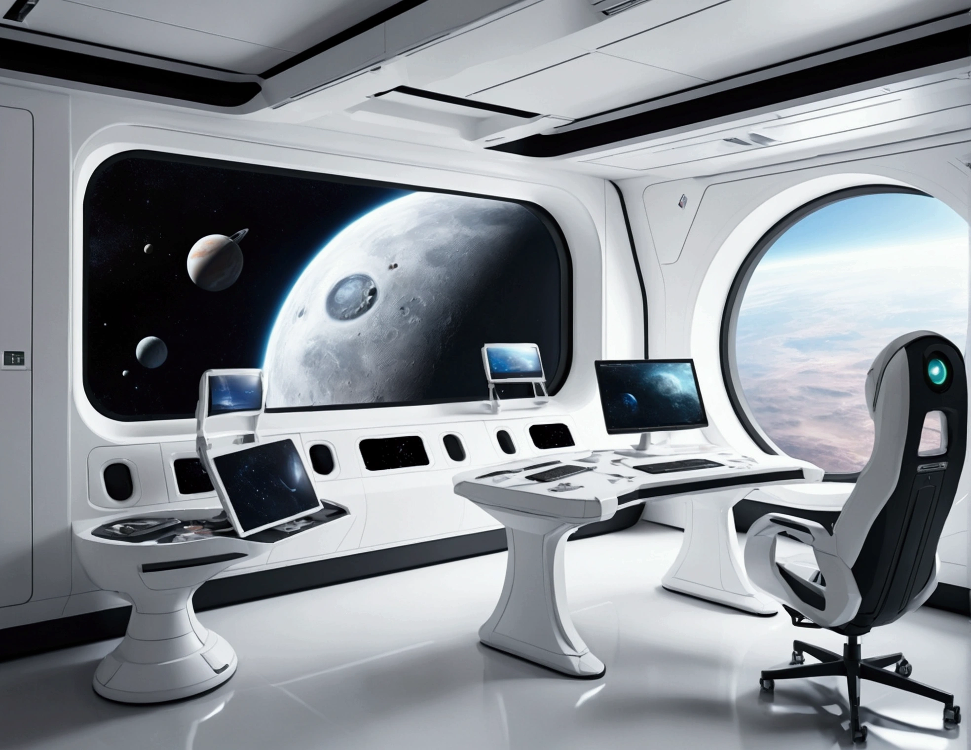 White，Spacecraft exterior. through the window, You can see the scenery of alien planets, The entire space is filled with work consoles with electronic devices and screens, Full HD,complex workbench,No office chair,