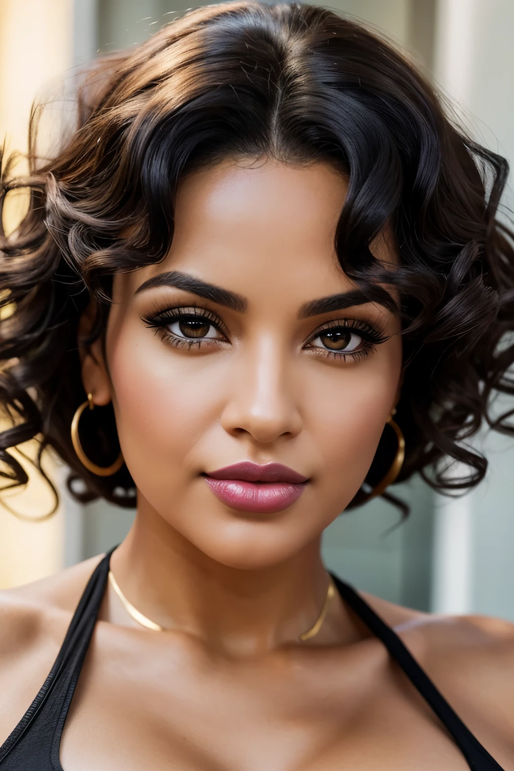 Hyper-realistic, ultra-detailed professional photography of a 35-year-old woman, staring at the camera from the front, super sexy, black hair, curly hair, hyper sexy, intense brown eyes, fair skin, professional makeup, light pink lipstick, super sexy body, super low-cut gold top, black leggings.
