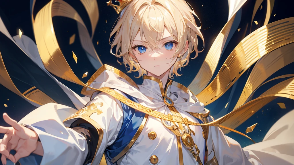 (Highest quality) (4K) (8k) (High resolution) (masterpiece:1.2) (Super detailed) One boy short hair Wizard Blue Eyes Long sleeve Golden decoration Hair between the eyes White Dress Wavy golden hair Upper Body crown (White Background) cute Young Serious